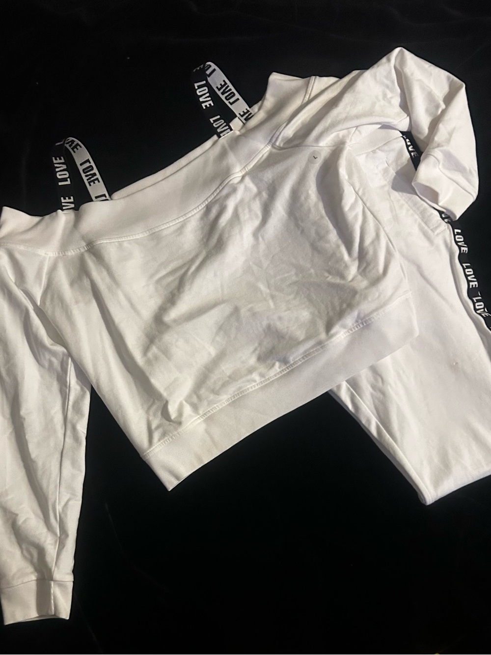 New York & Company White Off-Shoulder jogger set with 'LOVE' Strap Detail